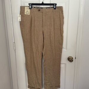 NEW Baird McNutt Classic Fit Pleated Men's Tan 100% Linen Trousers,Cuff Hem